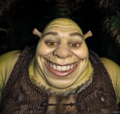 RAW photo of (shrex:1.1), portrait, cursed image, <lora:ShrekDoguVersion2:0.9>, <lora:cursed images:0.8>, (uncanny wide open eyes:1.2), uncanny smile, in a swamp, at night, flash photography