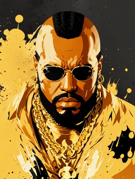 Stylized modern vector art of MisterT in Sy3 style, 3 color, black gold white, (([black background:explosion background:15])), ChopioMinimalist, mohawk, gold chains, low detail, high contrast, paint splatter, paint drip, 
<lora:MisterT:0.5> <lora:Sy3:0.5> <lora:Minimalist-v2-01:0.9>