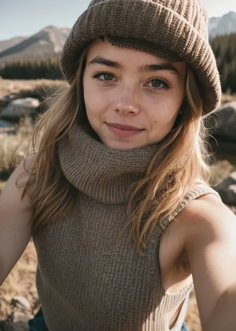 1girl:1.2), ((upper body selfie, happy)), masterpiece, best quality, ultra-detailed, solo, outdoors, (night), mountains, nature, (stars, moon) cheerful, happy, backpack, sleeping bag, camping stove, water bottle, mountain boots, gloves, sweater, hat, flashlight, forest, rocks, river, wood, smoke, shadows, contrast, clear sky, analog style (look at viewer:1.2) (skin texture) (film grain:1.3), (warm hue, warm tone:1.2), close up, cinematic light, sidelighting, ultra high res, best shadow, RAW, upper body, wearing pullover