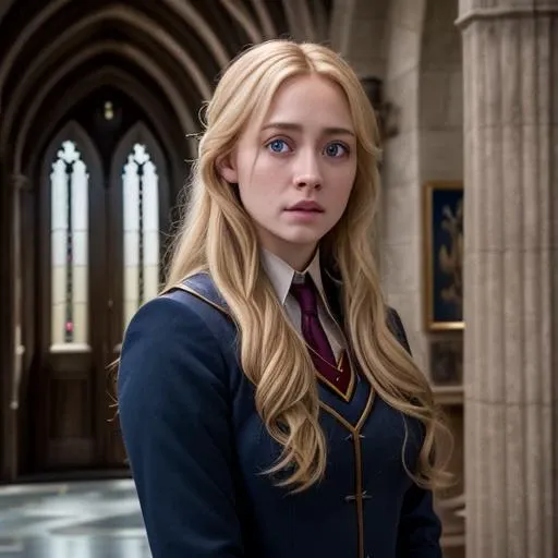 a beautiful picture of Luna, in a harry potter movie scene, wearing  Hogwarts uniform, masterpiece, photorealistic, detailed, 4k, HDR, backlighting, bloom, light, RAW color photo, soft skin, detailed and beautiful face, detailed and interesting background, blonde, detailed face, blue eyes, <lora:luna1:1.1>