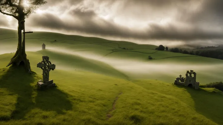 Rolling hills, foggy morning, Celtic Cross on hill overlooking countryside, Irish castle ruins in distance, vast panoramic photo, mossy green grass, old Celtic Cross gravestone underneath a tree, Ansel Adams style, color photography, overcast misty morning, sunlight peeking through the clouds <lora:more_details:0.8>