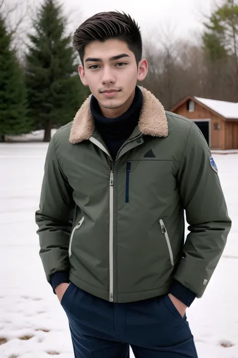 candid photograph, slender dg_Luis <lora:dg_Luis_v1:0.8> 18yo 1boy, stubble, , homoerotic, detailed realistic face, winter, snowball fight, playful, coat, pants