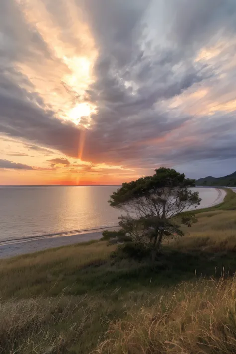 beach, , cottage, cloud, cloudy_sky, dusk, evening, gradient_sky, grass, horizon, house, landscape, mountain, mountainous_horizon, no_humans, ocean, orange_sky, outdoors, red_sky, river, scenery, shore, sky, sun, sunbeam, sunlight, sunrise, sunset, tree, twilight, water