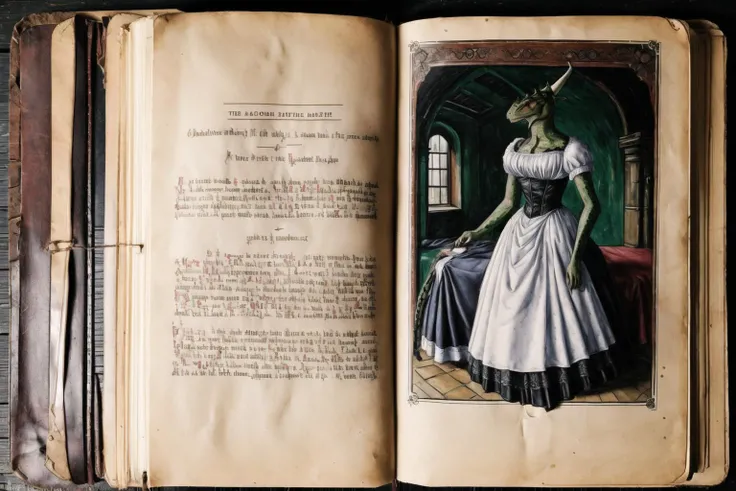 old manuscript, an open book, two pages, page gutter, storybook, (large text, calligraphy, full page text), (2D flat sketch:1.2) of the (lustyargonian maid:1.3) bending over to make the bed in the nobleman's bedchambers, full body, scales, maid, black maid dress, lace apron, desaturated, low saturation, faded, in the style of a historical account.
<lora:add_detail:0.7> <lora:LustyArgonian_7_10-000009:1> <lora:Pack2Doc-10:0.5>