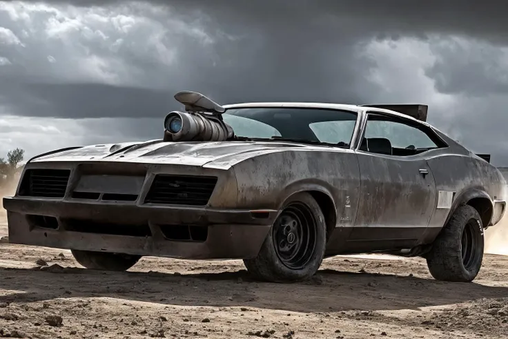 Create a cinematic, filmic image 4k, 8k with [George Miller's Mad Max style]. The image should be captured in a [wide-angle view] and depict [single] a [post-apocalyptic]  V8 [muscle car]. The car's paint is a [black] covered in a spots of [rust] and thin layer of smooth [dust] and [dirt], making it appear [rugged] and [gritty] but with visible [black color]
The car's body should be [sleek] and [aerodynamic], giving it a [low] and [aggressive] stance that conveys [power] and [speed]. The front of the car should feature a [distinctive] front nose cone with [rectangular lights] that adds to its [intimidating] appearance. The car's wheels should be [large] and [sturdy], with [thick] tires that can handle the [rough] terrain of the [post-apocalyptic] wasteland. The rims should be made of [durable] metal with a [unique design] that showcases the car's [individuality].
In addition, the car should have [eight exhaust side pipes]. The car should also feature a Weiand 6-71 [supercharger] mounted on the hood, protruding through the bonnet.
Car should be designed to look both [powerful] and [functional], built to withstand the [harsh] conditions of the [post-apocalyptic] wasteland.
The image should be [ultra-realistic], with [high-resolution] captured in [natural light]. The lighting should create [soft shadows] and showcase the [raw] and [vibrant colors] of the car. The image should be a highly-detailed photography set in a [post-nuclear], [fallout] like setting, conveying a sense of [danger] and [grittiness]. The final image should be a [masterpiece], with a [realistic portrayal] of the Interceptor that is both [intimidating] and [awe-inspiring]. Background should contain [empty desert highway], image takes place before the storm, with the [hot summer sun] still shining brightly in the sky, but in the distance, the sky is a [dark and foreboding shade of blue], hinting at an impending storm.