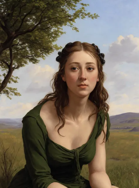Classical art upper body portrait painting of a woman (locon_saoirse:1.5) sitting in the dark bog, (academic art), (realism:1.3), (painted by john reinhard weguelin)