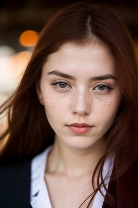 close-up shot of a beautiful russian women by night, long red hair, freckles, tatoos, traditional korean suit, serious look, medieval korean village, haze, halation, bloom, dramatic atmosphere, rule of thirds, 200mm 1.4f macro shot <lora:epiNoiseoffset_v2:1>