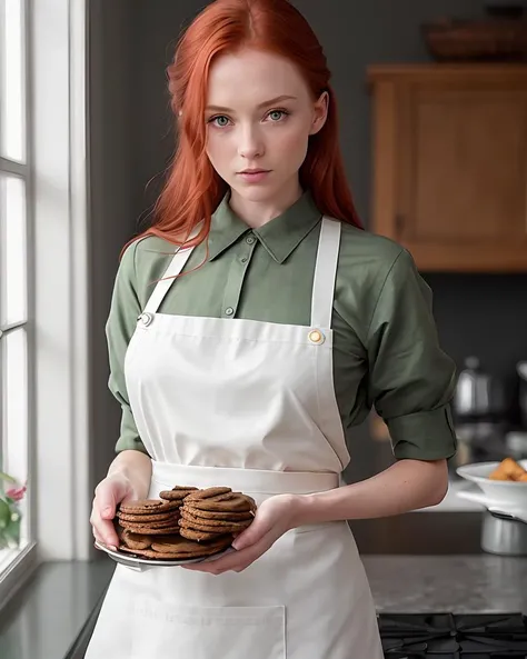 candid photo of (CyrsGoch:0.99) with short straight hair, wearing an apron, holding a tray of cookies in the kitchen, (extremely detailed CG unity 8k wallpaper), photo of the most beautiful artwork in the world, professional majestic oil painting by Ed Blinkey, Atey Ghailan, Studio Ghibli, by Jeremy Mann, Greg Manchess, Antonio Moro, trending on ArtStation, trending on CGSociety, Intricate, High Detail, Sharp focus, dramatic, photorealistic painting art by midjourney and greg rutkowski, (detailed pupils:1.3)