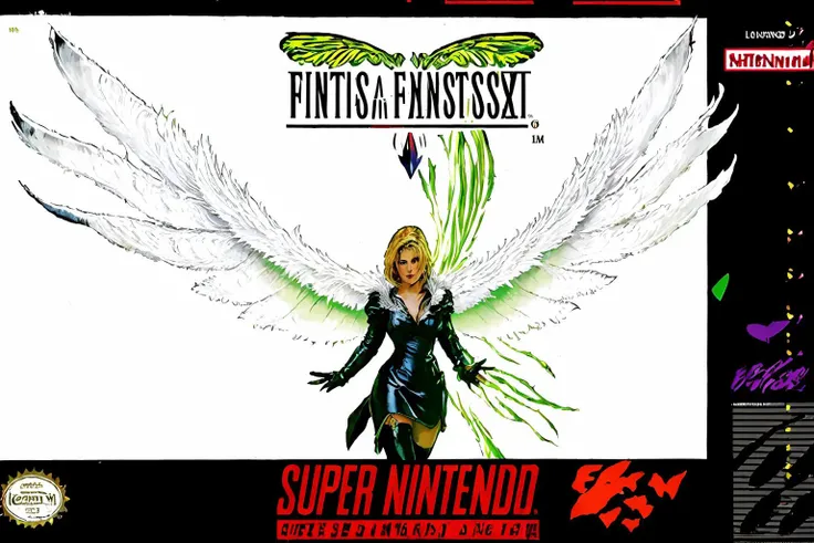 SNES box art, (Final Fantasy logo:1.2), English text, 1980s, benedicta, Benedikta Harman, blonde woman, black dress, white fur collar, eikon form, wings, (neon green glowing highlights), (white background:1.4).
<lora:SnesBoxArtV1:1> <lora:Benedicta_Harman_v1:0.7>