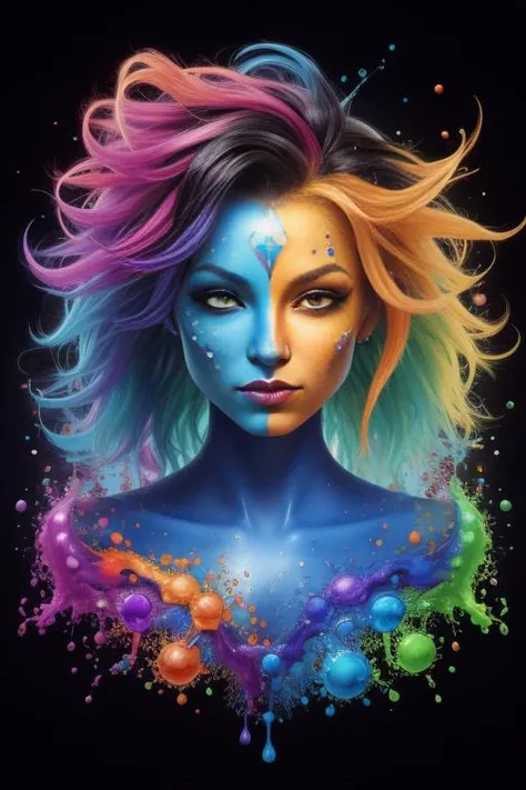 a painting of a woman with colorful hair, fantasy game spell icon, splashes of liquid, computer game art, hyperdetailed colourful, fantasy colours, avatar image, strong blue and orange colors, beautiful avatar pictures, body painted with black fluid, digital art h 9 6 0, rich colourful