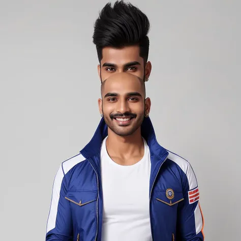 indian male smiling, 48K, ultra detailed ultra hyper realistic, bacl jacket, white t-shirt,CHOPPY SEXY COOL hair style