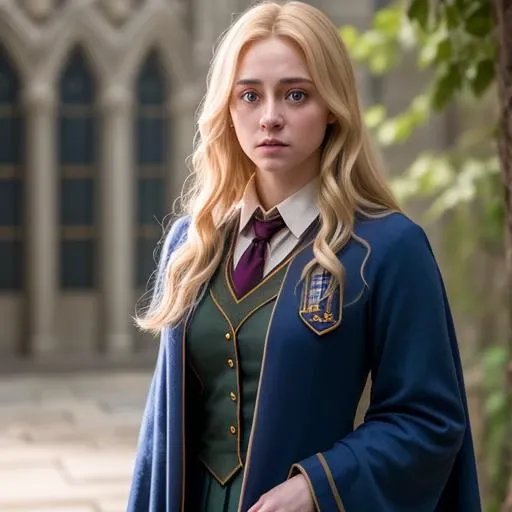 a beautiful picture of Luna, in a harry potter movie scene, wearing Hogwarts uniform, masterpiece, photorealistic, detailed, 4k, HDR, backlighting, bloom, light, RAW color photo, soft skin, detailed and beautiful face, detailed and interesting background, blonde, detailed face, blue eyes, <lora:luna1:1.1>