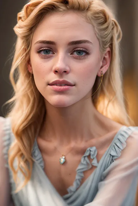 a close up photo of blonde CeceGiacinti, 1girl with aquiline nose, long curly hair, low cut top, covered in transparent cloth, 8k, hdr, soft portrait shot 8 k, 7 0 mm portrait, piercing eyes, detailed face