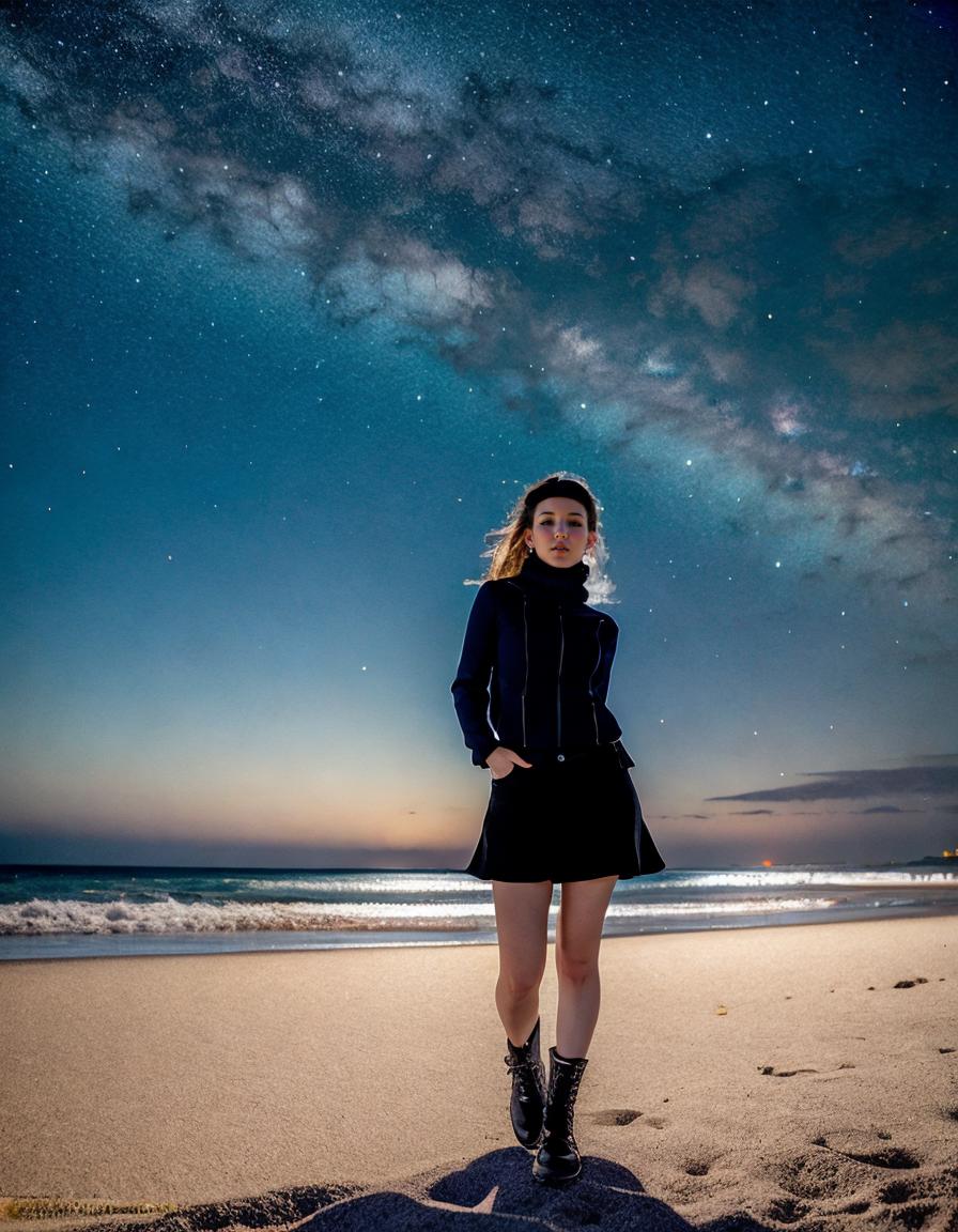 Arafed woman standing on a beach under a starry sky - SeaArt AI