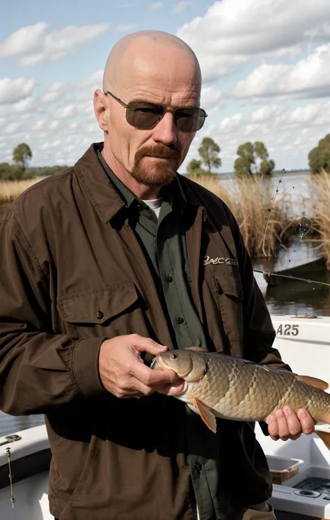 Walter White( carp fishing:1.2), soft focus,( holding carp:1.2), sunglasses, detailed face, brown eyes, skin details,bald, <lora:Walter White:0.6>