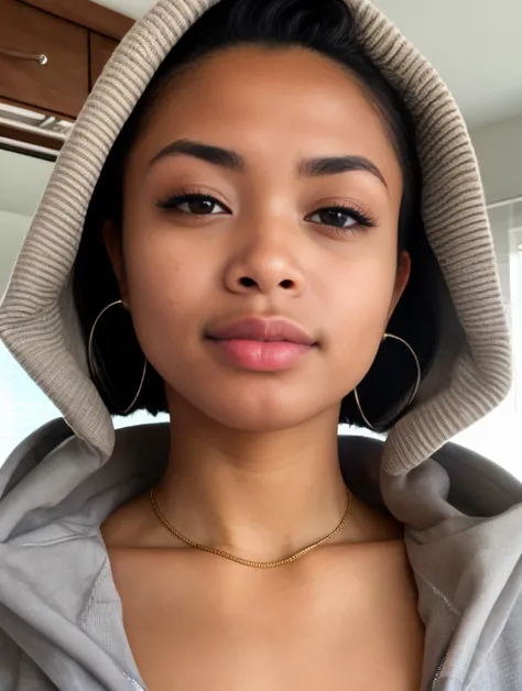 RAW photo, close-up shot of an elegant African-American woman with captivating brown eyes and flawless (highly detailed skin:1.2). She is wearing a open hoodie, and the soft lighting enhances her natural beauty. Shot with a high-quality DSLR camera in 8K UHD resolution, capturing the essence of the moment with a touch of film grain. Fujifilm XT3, realistic, natural ((upper body)), <lora:ChanelUzi:1>