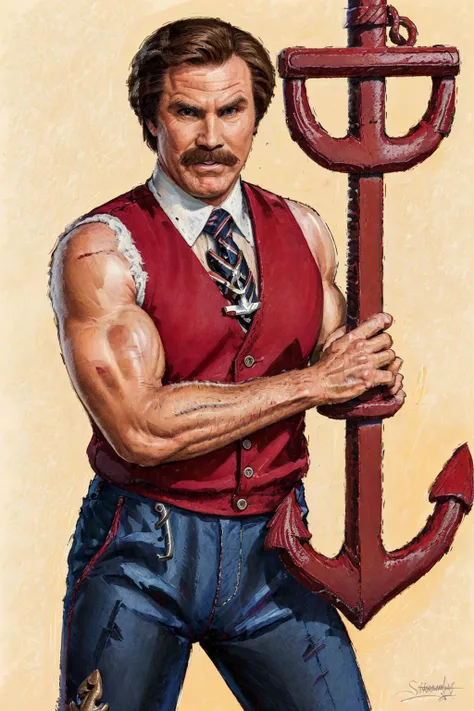 1 man, a vintage art pinup of (muscular sleeveless:1.2) Ron Burgundy (straddling a big metal anchor:1.5) in urban_sketchbook illustration style, hairy arms, confident smile, solo focus, wearing a burgundy vest and tie and trousers, by Odin's raven, kind of a big deal, stayclassy man, (pale brushstroke background), desaturated, low saturation.
<lora:ronburgundy:0.7> <lora:urban_sketchbook:0.7> <lora:1950sVintageArt:0.4>