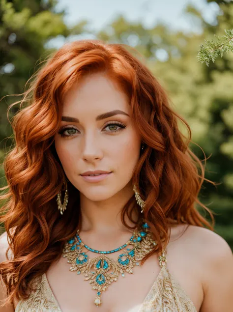 (Fujifilm XT3 35mm), Portrait photo of a Beautiful woman with auburn hair wearing an intricate halter dress, wearing jewelry, detailed, 8k uhd, dslr, high quality, film grain, (sharp focus:1.1)