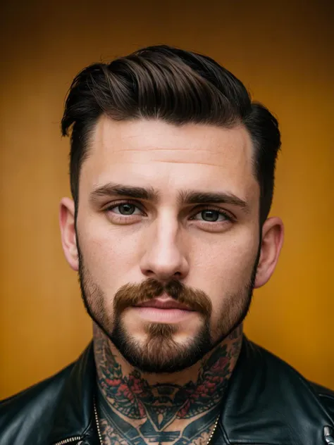 (D850 35mm), Portrait photo of a caucasian man with (short hair:1.1), wearing a leather jacket, tattoos, detailed, RAW photo, 8k uhd, dslr, high quality, film stock photograph 4 kodak portra 400 camera f1.6 lens rich colors hyper realistic lifelike texture dramatic lighting cinestill 800, (sharp focus:1.1)