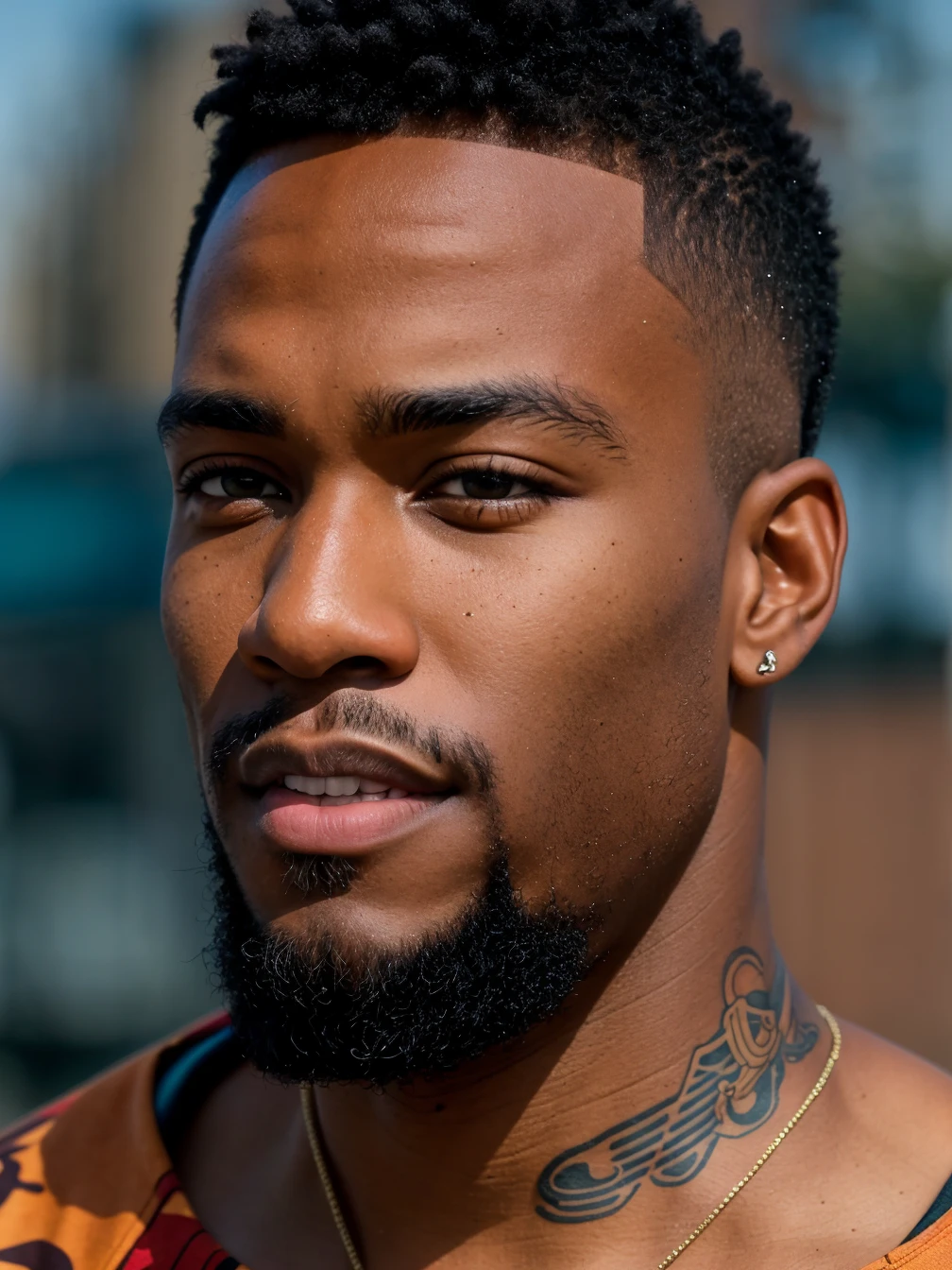 (D850 35mm), Portrait photo of an african american man with (short hair:1.4), wearing a camo jacket, tattoos, (detailed outdoor city background), detailed, RAW photo, 8k uhd, dslr, high quality, film stock photograph 4 kodak portra 400 camera f1.6 lens rich colors hyper realistic lifelike texture dramatic lighting cinestill 800, (sharp focus:1.1)