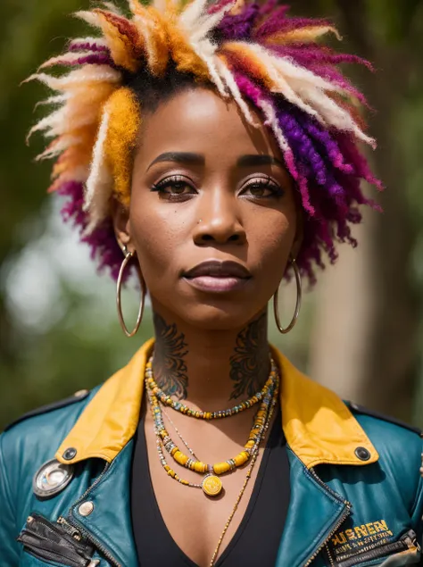 (D850 35mm), Portrait photo of an (African American sci-fi woman) with dyed hair, wearing jacket over dress, tattoos, detailed, (detailed outdoor background), RAW photo, 8k uhd, dslr, high quality, film grain, (sharp focus:1.1)