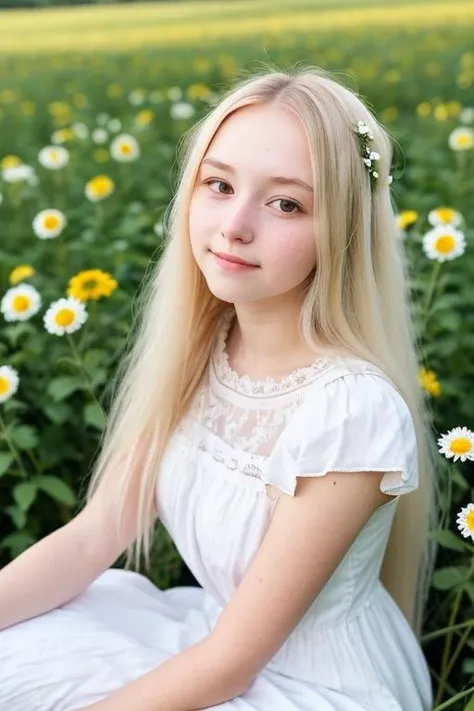 (masterpiece, best quality),1girl, young woman with long white hair sitting in a field of green plants and flowers, her hand under her chin, warm lighting, white dress