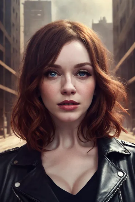 Young beautiful Woman Christina Hendricks hiding in shattered industrial atmosphere, post apocalyptic ruined city, black tattered shirt, high detail, black colors,( cyberpunk), detailed eyes, hdr, 8k, ultra realistic, belly, (skulls on the ground), (small chest), black leather jacket, (beautiful detailed eyes), (detailedlight), ((intricate detail)), (highres), rubin-like dark red eyes, plump lips, small nose, thick eyebrows, almond-shaped eyes, detailed background, ((illustration)), (((masterpiece))), ((best quality)), (High resolution), (multi-colored hair), skin complexities, high quality,highres, absurdres,  real life, (detailed face:1.2)<lyco:Christina Hendricks:1.0>
