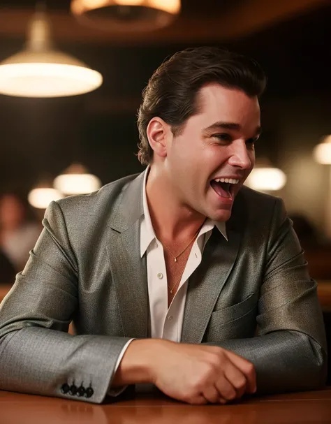RAW Photo, HenryHill, photo of a man wearing a suit, staring at viewer, sitting in a table, slick hair, perfect teeth, (roaring laughter, mouth open, head tilted back:1.25) moody atmosphere, dimly lit 1960s cabaret restaurant, 1960s style, (skin pores and imperfections:1.1), (high detail skin:1.2), (100mm lens), Fujifilm XT3, trending on ArtStation, trending on CGSociety, Intricate, High Detail, Sharp focus, dramatic, life like texture, hdr, subsurface scattering, global illumination, film still, Film-like, bokeh, 3d, vivid color/raytraced/warm colors, photorealistic painting art by midjourney and greg rutkowski, cinematic, 40mm f/2.8, remastered, 8k, 4k uhd