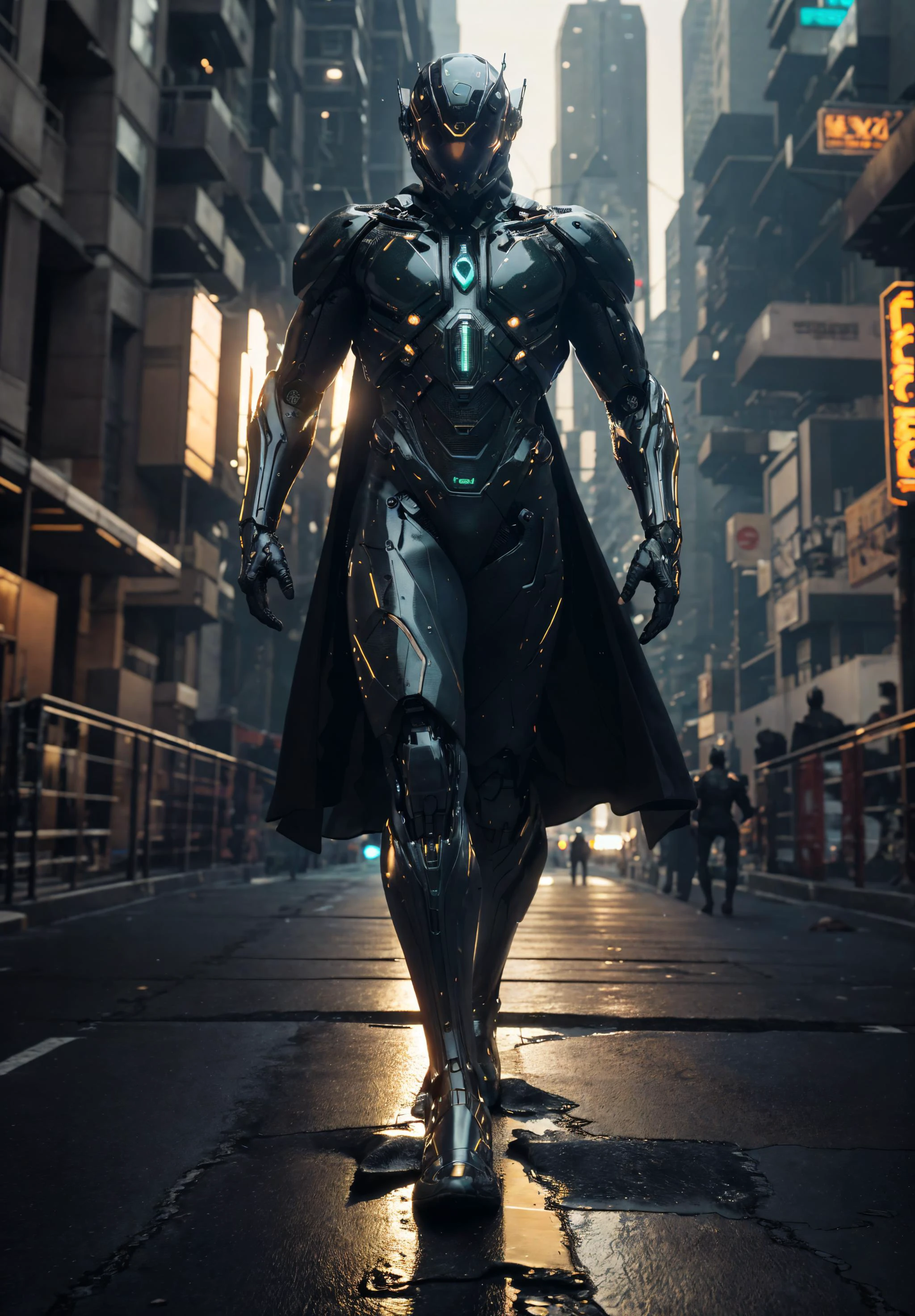 (full body, (dynamic pose), action pose), <the subject is a female or male android humanoid, in a flowing thick cloth cloak, white metallic armor with neon accents, holding a machine gun, featuring hard surface designs in their gear>,<the scene is an advanced civilization, with towering structures in the background, immersed in the beautiful lights, the cityscape is a fully detailed environment>, (rim lighting, studio lighting, distant moon light, night, bloom), (cinematic, best quality, masterpiece, ultra HD textures, highly detailed, hyper realistic, intricate detail, 8k, photorealistic, concept art, matte painting, autodesk maya, vray render, ray tracing, hdr), (dslr, full frame, 16mm focal length, f/8 aperture, dynamic perspective, dynamic angle, golden ratio, wide photography, wide field of view, deep depth of field, zoom out) <lora:epi_noiseoffset2:0.3> <lora:urbansamuraiv0.14-000002:0.25> techwear, urbansamurai <lora:3d CG Style Realistic:0.2> <lora:hipoly_3dcg_v7-epoch-000012:0.2>3d, realistic <lora:cyberhelmetv0.7:0.45> cyborg in a cyberhelmet head <hypernet:dr0ne:0.15> <hypernet:sxzBloom_sxzBloom:0.2> <hypernet:LuisapSciFiHard:0.1>