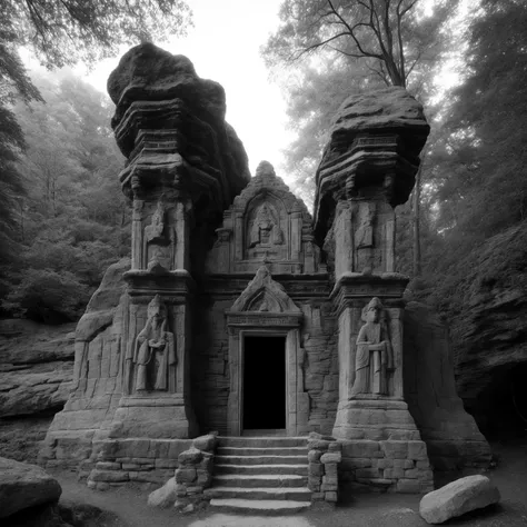 Ansel Adams style, monochrome, greyscale, photorealism, best quality, intricate details, stone cliff face in forest clearing near woods, ancient mysterious carvings on rocks