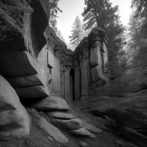 Ansel Adams style, monochrome, greyscale, photorealism, best quality, intricate details, stone cliff face in forest clearing near woods, ancient mysterious carvings on rocks