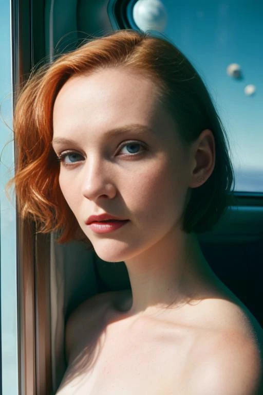 (close-up editorial photo of 20 yo woman, looking at viewer, nude sitting on window, window looking out over planet in background, in spaceship, hyper detailed) (standing:1.2) (dim lit room:1.4) <lora:epiNoiseoffset_v2:1.2>, POV, by lee jeffries, nikon d850, film stock photograph ,4 kodak portra 400 ,camera f1.6 lens ,rich colors ,hyper realistic ,lifelike texture, dramatic lighting , cinestill 800,