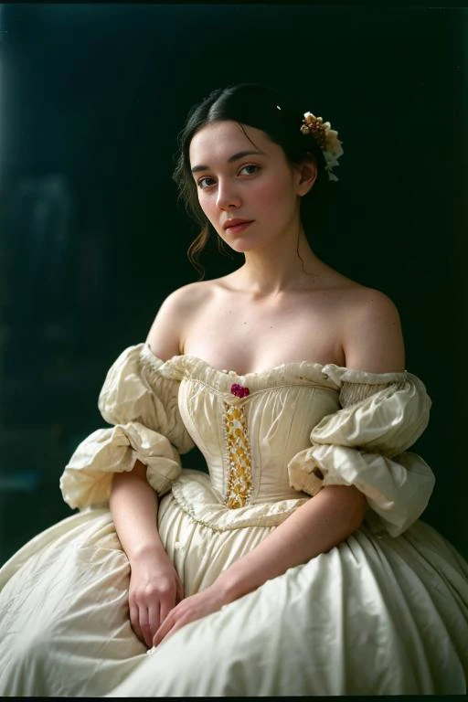 (close-up editorial photo of 20 yo woman mature, Victorian age, giant dress, sitting for portrait, old film) (dim lit room:1.4) <lora:epiNoiseoffset_v2:1.2> <lora:destroyedportrait_200:0.2>, POV, by lee jeffries, nikon d850, film stock photograph ,4 kodak portra 400 ,camera f1.6 lens ,rich colors ,hyper realistic ,lifelike texture, dramatic lighting , cinestill 800,