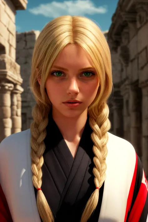 (full height 1girl:1.2), 1 green eyed girl with ultra long blonde hair (single:1.2) braid, 18yo, (detailed ancient city background:1.1), fighter with red knuckles, knuckleduster, (shinigami, black kimono:1.2), looking at viewer, hyperdetailed, white coat, <lora:unohanaretsu-nvwls-v1:0.6> , ( digital painting), (artstation:1.2), (masterpiece) (best quality) (detailed) (8k) (cinematic lighting) (sharp focus) (intricate) <lora:add_detail:0.44>