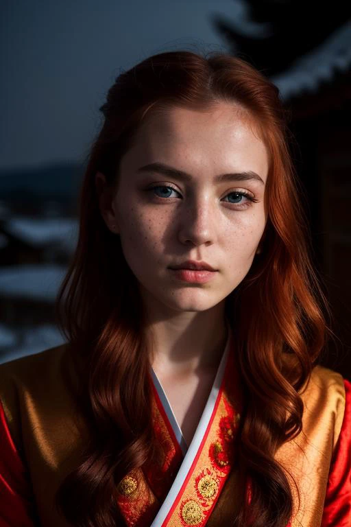 close-up shot of a beautiful russian women by night, long red hair, freckles, tatoos, traditional korean suit, serious look, medieval korean village, haze, halation, bloom, dramatic atmosphere, rule of thirds, 200mm 1.4f macro shot <lora:epiNoiseoffset_v2:1>