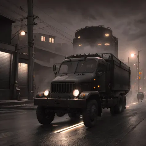 raw, (black matte v3s truck:1.1) <lyco:v3s-loha-a9:0.85>  , in the spotlight, scifi cyberpunk city backalley,  volumetric lights, mist, cinematic