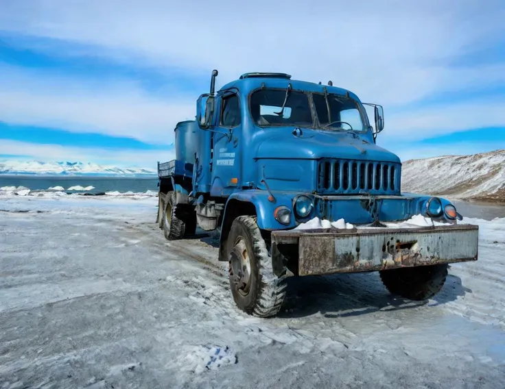 raw, (fuel truck v3s blue:1.1) shiny new <lyco:v3s-loha-a9:0.75>, view, iceberg siberia, lake baikal landscape, beach, waves, snow, winter, ice  strormy clouds, cinematic
