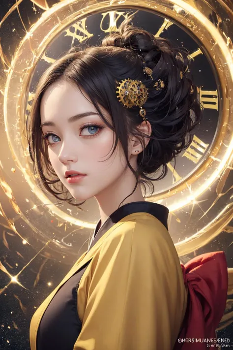 (masterpiece, top quality, best, official art, beautiful and aesthetic, long exposure:1.2), fluid movement,
1 girl, adult woman, coral eyes, yellow half-up half-down hairstyle,
portrait, solo, (full body:0.6), looking down, detailed background, detailed face, (feudal japan theme:1.1) (time wizard:1.1), eternity, weightless, infinite geometry, swirling patterns, clockwork, clock gears, energy, dynamic pose, bloom light aura, cosmic space in background, ethereal atmosphere,