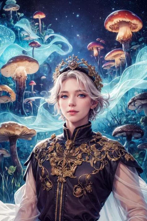 (masterpiece, top quality, best, official art, beautiful and aesthetic, long exposure:1.2), fluid movement, <lora:add_detail:1>
(1man, wrinkled face, old male:1.2), wise, blue eyes, white hair, high-fade,
solo, half shot, looking at viewer, detailed background, detailed face, (<lora:smoke_model:0.4>, smokestyle theme:1.1) smile, mushroom druid, (style-swirlmagic:0.8), mushroom themed dark orange clothing, nature, moss, magical mushrooms, floating spores, spreading, mushroom hut in background, peaceful dark night, blue magical lights, ethereal atmosphere,