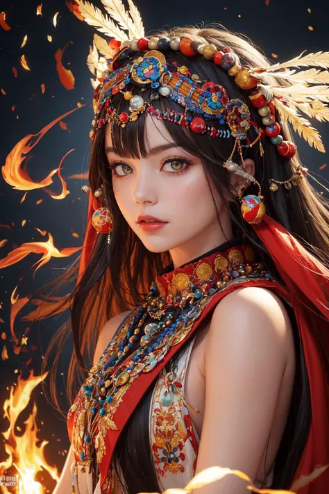 (masterpiece, top quality, best, official art, beautiful and aesthetic, long exposure:1.2), dynamic streaks, luminous trails, fluid movement, captivating patterns, visual chaos,
(1man, old male:1.2), frail, amber eyes, white taper fade,
solo, upper body, detailed background, detailed face, (inca theme:1.1), tribal elemental shaman, mystical, dark brown leaf clothes, beads, totem, obsidian, headdress, campfire in background, whirlwind, cinematic atmosphere,