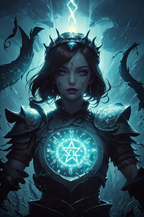 (masterpiece, top quality, best, official art, beautiful and aesthetic, long exposure:1.2), dynamic streaks, luminous trails, vibrant colors, fluid movement, creative experimentation, visual chaos,
1 girl, adult woman, dark brown eyes, brown long hair,
pale skin, portrait, (<lora:style_GlowingRunesAI:0.8>, glowingrunesai, glowing runes theme:1.1) looking up, solo, half shot, dynamic pose, detailed background, madness in eyes, necromancer, corrupted, dark couds, fighting stance, thorny leather armor, spiked crown, spider lair, , bringer of the false light, spiders, spiderwebs, dark magic, dark clouds, floating dark crystals, decadence, evil energy emanating, dark magic dark green sparks in the air, dark aura, broken shackles, consuming darkness, candles, evil symbols, summoning circle,