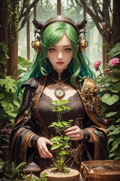 (masterpiece, top quality, best, official art, beautiful and aesthetic, long exposure:1.2), fluid movement, captivating patterns,
1 girl, adult elven woman, freckles, red eyes, brown prom hairstyle,
character focus, portrait, solo, (full body:0.6), looking at viewer, detailed background, detailed face, (<lora:style_steampunkai10MBLora_10mb:0.5>, steampunkai, steampunk theme:1.1), working, botanist, planters, roots, mandrake, magical plants, colorful plants, glowing plants, healing magic, green color scheme, lotus, mushrooms, ferns, botanical garden in background, low light, magical atmosphere,