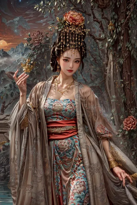 <(best quality, extremery best quality, masterpiece:1.4), (realistic, intricate details:1.4), (photorealistic:1.4), (extremely intricate:1.4), highres, ultra highres, ultra detailed, ultra-detailed, absurdres, incredibly absurdres, extremely detailed, high quality, high resolution, hyperrealistic, ultra-realistic, hyper-detailed, top quality, best, fine detail, massive detail, Highly detailed, extreme detailed, highest detailed, high-res, absolutely resolution, reflection, (refraction:1.4), (hyperrealism:1.4)>, BREAK, (1girl:1.3), solo, looking at viewer, (young cute beautiful 18-year-old girl:1.4), 3d face, (hand of Guido Daniele:1.4), beautiful girl, Beautiful face, pretty, girlface, kpop idol, supermodel, stunning innocent symmetry face, perfect body, medium breast, slim waist, slim legs, (high detailed skin:1.5), glowing eyes, goddess, natural skin texture, shiny skin, White skin, Beautiful detailed face, detailed face, real skin texture, cute delicate face, finely detailed face, golden ratio, golden ratio face, expressive eyes, perfect face, perfect skin, flawless face, clear face, shiny hair, pale skin, Proper body proportion, perfect anatomy, realistic skin texture, luscious lips, glossy lips, natural makeup, beautiful bright pupils, slender figure, intricate eyes, detailed pupils, detailed face and eyes, longeyelashes, blush, good hand, perfect hands, pretty face, beautiful female bodies, finely detailed skin, oily shiny skin, clean facial features, an extremely delicate and beautiful, cute & girly, beautiful detailed eyes, stars in the eyes, detailed simmetric eyes, perfect smooth skin texture, BREAK, (((((standing, (zanhua, holding flower, Pink flower on head:1.4), (smile, Pink hair, Pink eye, long hair, Pink eyelashes, Pink lips, Pink lip colour, Eyes glowing Pink, flat bangs, wearing hanfu, in Pink and white, happy expression, bird, lotus, hair ornament, water, dancing with butterfly, hanfu_tang, tang dynasty, chinese traditional architecture, in the garden, floral background, brilliant colors, wearing Tang-style clothing, flowing sleeves, floral pattern, golden bracelets, pearl earrings, long_hair, nail_polish, jewelry, ancient art, chinese style, golden embroidery, ornate hairpin, jade accessories, standing in imperial palace, red pillars, golden details, intricate carvings, decorative screens, sparkling jewels, ruqun, rich Chinese red, golden decorations, exquisite screens, golden dragon-patterned wallpaper, Pink silk curtains, delicate porcelain, Pink flower decorations, Pink carpets, mooth curved bridge, blue sky and green water:1.5), (night, Night time, moon light, sky, landscape, aurora borealis, stars, outdoors, Chinese, Pink fireworks, Sakura tree background:1.4), (lake background, mountains, full moon background, night lake shore, river, forest, chinese style countryard, lanterns, pond, cobblestone pathway, building pavilion, chinese buildings, moutains, misty lake, ancient chinese background, puddle, after the rain, petals falling, wet grass and trees, flower sea, in a meadow, waterfall, breeze, flying splashes, flying petals, leaves, bloom, bloom effect, surrounded by heavy floating petal flow, petal, Pink butterfly, flower, detailed beautiful grassland with petal, flowers, plants, Pink rose, many Pink roses, leaves falling from the tree, dust is drifting, ethereal, scenery, nature, mysterious background:1.4), (iridescent colors, Iridescence, blush, mysterious, fantasy background, fantasy, open mouth:1.2), (fog, wind:1.2), (Luminescent Particles:1.3), (fullbody:1.2), (eye focus, face focus, character focus, close-up face:1.2), (dutch angle, cowboy shot:1.3), colorful refraction)))), BREAK, <watercolor, available light, detailed light, volumetric fog, beautiful lighting, Rembrandt lighting, Cinematic, pixel art, game art, key visual, surreal, PBR Texturing, Anisotropic Filtering, Maximum Clarity And Sharpness, Albedo And Specular Maps, Multi-Layered Textures, Surface Shading, Sub-Pixel Convolution, Sub-Pixel Convolution, Accurate Simulation Of Light-Material Interaction, blurry foreground, broad light, volumetric light effect, matte painting, perfectly defined features, volumetric lighting, Tone Mapping, Lumen Reflections, Global illumination, Ray Tracing, Screen Space Global Illumination, Accent Lighting, 32k, Natural Lighting, volumetric, cinematic masterpiece, Rule of thirds, high dynamic range, Multi-exposure HDR capture, cinematic render, game cg cinematic, atmospheric perspective, movie scene, epic dynamic frame, motion blur, ((cinematic look, Film look)), rim light, 4k textures, adobe lightroom, photolab, insane details, hyperdetailed, exposure blend, professional color grading, professional color correction, aerial perspective, particles and dust in beams of light, cinematic scene, dynamic lighting, sharp details, lomography, soft focus, light leaks, bold hues, atmospheric depth, (explosive light and shadow:1.2), aesthetics, intricate designs, ultra realistic digital art, (zentangle, mandala, tangle, entangle), (fractal art), elegant, vivid colours, floating particles, particles, dramatic, epic, (ink drawing, oil painting detailed), (dramatic lighting:1.2), RAW, huge filesize, extremery detailed CG, Photo, 8k uhd, cinematic atmosphere, trending on artstation, award-winning glamour photograph, highly detailed photo, official art, beautiful and aesthetic, unity 8k wallpaper, beautiful, highly detailed CG illustration, best illustration, intricate, Amazing, emotional, analog, painting, digital painting, concept art, Oil Painting, illustration, Classical art, Renaissance, Romanticism, Neoclassicism, Color Palette, depth and contrast, Vibrant colors, saturated, rich saturation, color harmony, vivid palette, concept-art, design style, detail character, concept render, colorful, analog photography, dreamy atmosphere, specular highlights, atmospheric lighting, (dynamic angle, dynamic pose :1.3), (shiny, clothes reflecting light, lens flare, bloom effect, light particle, lens glare:1.3), realistic lighting, cinematic light, (cinematic lighting), light in the face, soft lighting, saturated colors, detailed background, sharp focus, 8k high definition, perspective, Master Composition, roughness, post-processing, soft shadows, realistic shadows, ambient occlusion, ray-tracing, subsurface scattering, photon mapping, physically-based rendering, octane rendering, unreal engine 5, ue5 rendering, Adobe After FX, dslr, RTX, Best character details, radiosity, sharp, antialiased, RAW photo, HDR, 8k, 4k, (((Photographed by Roger Deakins, using a RED Monstro 8K VV camera and a series of high-end lenses))), ((Hasselblad photography)), (film grain:1.4), Kodak portra 400, ((Fujifilm X-T5)), professional photograph, depth of field, caustics, Broad lighting, diffuse lighting, rim lighting, two tone lighting, textile details, visible pores, high resolution scan, professionally color graded, photographic reality, automatic white balance, best lighting, detailed shadow, high contrast, strong light and shadow>, (PureErosFace_V1:0.5), (ulzzang-6500:1), <lora:epiNoiseoffset_v3:2>, <lora:add_detail:2>, <lora:hipoly_3dcg_v7-epoch-000012:0.6>, <lora:zhongfenghuaxiyou-000018:0.1>, zhongfenghua, <lora:zanhua_v1:0.9>