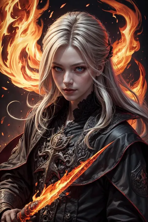 (masterpiece, top quality, best, official art, beautiful and aesthetic, long exposure:1.2), dynamic streaks, luminous trails, captivating patterns, visual chaos, <lora:add_detail:1> <lora:lol2:0.4>,
(1man, old male:1.2), frail, blue eyes, white hair, french crop,
portrait, looking at viewer, solo, (full body:0.6), detailed background, detailed face, (gothic dark fantasy theme:1.1) evil wizard, white magical robes, sinister smirk, scarlet color scheme, dark crimson light, library, glowing magical text, dark atmosphere, shadows, realistic lighting, floating particles, embers, surrounded by fire, <lora:Fire_VFX:0.4>, casting spell, red arcane symbols, corrupted by eldritch power, power-hungry eyes, bloom,