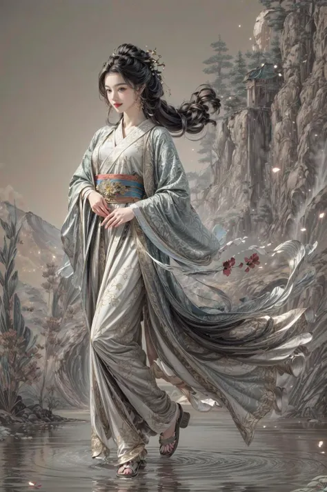 <(best quality, extremery best quality, masterpiece:1.4), (realistic, intricate details:1.4), (photorealistic:1.4), (extremely intricate:1.4), highres, ultra highres, ultra detailed, ultra-detailed, absurdres, incredibly absurdres, extremely detailed, high quality, high resolution, hyperrealistic, ultra-realistic, hyper-detailed, top quality, best, fine detail, massive detail, Highly detailed, extreme detailed, highest detailed, high-res, absolutely resolution, reflection, (refraction:1.4), (hyperrealism:1.4), ultra realistic details, highly intricate details>, BREAK, (1girl:1.3), solo, looking at viewer, (young cute beautiful 18-year-old girl:1.4), 3d face, (hand of Guido Daniele:1.4), beautiful girl, Beautiful face, pretty, girlface, kpop idol, supermodel, stunning innocent symmetry face, perfect body, medium breast, slim waist, slim legs, (high detailed skin:1.5), glowing eyes, goddess, natural skin texture, shiny skin, White skin, Beautiful detailed face, detailed face, real skin texture, cute delicate face, finely detailed face, golden ratio, golden ratio face, expressive eyes, perfect face, perfect skin, flawless face, clear face, shiny hair, pale skin, Proper body proportion, perfect anatomy, realistic skin texture, luscious lips, glossy lips, natural makeup, beautiful bright pupils, slender figure, intricate eyes, detailed pupils, detailed face and eyes, longeyelashes, blush, good hand, perfect hands, pretty face, beautiful female bodies, finely detailed skin, oily shiny skin, clean facial features, an extremely delicate and beautiful, cute & girly, beautiful detailed eyes, stars in the eyes, detailed simmetric eyes, perfect smooth skin texture, BREAK, (((((brilliant colors, (joshua middleton comic cover art, theater dance scene, hypermaximalist, ink painting, instagram contest winner, model pose, fashion color scheme, trending on cgsociety, playful illustrations, imaginative overlays, artistic fusion, fantastical scenes, evocative narratives, striking visuals:1.3), (Glowing ambiance, enchanting radiance, luminous lighting, ethereal atmosphere, mesmerizing glow, evocative hues, captivating coloration, dramatic lighting, enchanting aura:1.2), (moon, palace, Hibiscus, nymphaea, plum blossoms, a girl in hanfu, melanchonic soft light, photorealistic faces, moody lighting:1.4), (night, Night time, moon light, Golden Hour, sky, landscape, stars, starry, galaxy sky, milky way, night sky full of stars:1.2), (dancing, mountain, river, old tree, Ribbon, Elegant, She soared through the air in her flowing dress and fluttering ribbons, Graceful and graceful, pine trees, birds, moss, there is orange cat sitting near girl:1.2), (hanfu, ornaments detailed, traditional clothes, braids, water, jewelry, chinese clothes, earrings, sash, long sleeves, tree, petals, hair ornament, floating hair, dress, rock, falling petals, flower, chinese traditional architecture, ancient art, chinese style, Chinese, lake background, chinese buildings, misty lake, ancient chinese background, after the rain, wet grass and trees, waterfall, flying splashes, flying petals, leaves, bloom, bloom effect, surrounded by heavy floating petal flow, petal, leaves falling from the tree, peaceful atmosphere, mountainous backdrop, authentic cultural experience, quiet whispers, hushed conversations, tranquil silence, crisp air, soulful melodies, a sense of belonging, bonding with nature, quiet reflection, random patterns, energetic movement, bold colors, dynamic texture, spontaneous creativity:1.2), (smile, blush, Pink hair, Pink eye, long hair, Pink eyelashes, Pink lips, Pink lip colour, Eyes glowing Pink, flat bangs, happy expression, warm smile, cute smile, smiling:1.4), (long_hair, mountain background, forest, river in background, landscape, water reflection, outdoors:1.3), (mountains, breeze, dust is drifting, ethereal, scenery, nature, mysterious background, fog, wind:1.2), (iridescent colors, Iridescence, mysterious, fantasy background, fantasy, open mouth:1.2), (Luminescent Particles:1.3), (fullbody:1.2), (eye focus, face focus, character focus, close-up face:1.2), (dutch angle, cowboy shot:1.3), colorful refraction)))), BREAK, <hyper realistic DSLR photo, Nikon D5, cinematic portrait, portrait, ultra sharp, analog film photography, film emulation, bokeh, blurry noise background, watercolor, available light, detailed light, volumetric fog, beautiful lighting, Rembrandt lighting, Cinematic, pixel art, game art, key visual, surreal, PBR Texturing, Anisotropic Filtering, Maximum Clarity And Sharpness, Albedo And Specular Maps, Multi-Layered Textures, Surface Shading, Sub-Pixel Convolution, Sub-Pixel Convolution, Accurate Simulation Of Light-Material Interaction, blurry foreground, broad light, volumetric light effect, matte painting, perfectly defined features, volumetric lighting, Tone Mapping, Lumen Reflections, Global illumination, Ray Tracing, Screen Space Global Illumination, Accent Lighting, 32k, Natural Lighting, volumetric, cinematic masterpiece, Rule of thirds, high dynamic range, Multi-exposure HDR capture, cinematic render, game cg cinematic, atmospheric perspective, scene, epic dynamic frame, motion blur, ((cinematic look, Film look)), rim light, 4k textures, adobe lightroom, photolab, insane details, hyperdetailed, exposure blend, professional color grading, professional color correction, aerial perspective, particles and dust in beams of light, cinematic scene, dynamic lighting, sharp details, lomography, soft focus, light leaks, bold hues, atmospheric depth, (explosive light and shadow:1.2), aesthetics, intricate designs, ultra realistic digital art, (zentangle, mandala, tangle, entangle), (fractal art), elegant, vivid colours, floating particles, particles, dramatic, epic, (ink drawing, oil painting detailed), RAW, huge filesize, extremery detailed CG, Photo, 8k uhd, cinematic atmosphere, trending on artstation, award-winning glamour photograph, highly detailed photo, official art, beautiful and aesthetic, unity 8k wallpaper, beautiful, highly detailed CG illustration, best illustration, intricate, Amazing, emotional, analog, painting, digital painting, concept art, Oil Painting, illustration, Classical art, Renaissance, Romanticism, Neoclassicism, Color Palette, depth and contrast, Vibrant colors, saturated, rich saturation, color harmony, vivid palette, concept-art, design style, detail character, concept render, colorful, analog photography, dreamy atmosphere, specular highlights, atmospheric lighting, (dynamic angle, dynamic pose :1.3), (shiny, clothes reflecting light, lens flare, bloom effect, light particle, lens glare:1.3), realistic light, realistic lighting, cinematic light, (cinematic lighting), light in the face, soft lighting, saturated colors, detailed background, sharp focus, 8k high definition, perspective, Master Composition, roughness, post-processing, soft shadows, realistic shadows, ambient occlusion, ray-tracing, subsurface scattering, photon mapping, physically-based rendering, octane rendering, unreal engine 5, ue5 rendering, Adobe After FX, dslr, RTX, Best character details, radiosity, sharp, antialiased, RAW photo, HDR, 8k, 4k, (((Photographed by Roger Deakins, using a RED Monstro 8K VV camera and a series of high-end lenses))), ((Hasselblad photography)), (film grain:1.4), Kodak portra 400, ((Fujifilm X-T5)), professional photograph, depth of field, caustics, Broad lighting, diffuse lighting, rim lighting, two tone lighting, textile details, visible pores, high resolution scan, professionally color graded, photographic reality, automatic white balance, best lighting, detailed shadow, high contrast, strong light and shadow>, (PureErosFace_V1:0.3), (ulzzang-6500:0.7), <lora:epiNoiseoffset_v3:2>, <lora:add_detail:0.7>, <lora:hipoly_3dcg_v7-epoch-000012:0.7>, (kbxll:0.7), <lora:more_details:0.7>, <lora:anxiang:0.55>