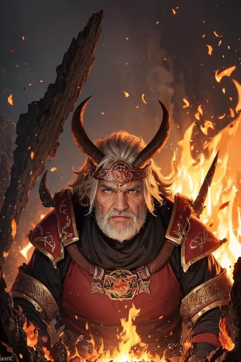 (masterpiece, top quality, best, official art, beautiful and aesthetic, long exposure:1.2),       
(1man, wrinkled face, old ukrainian male:1.2),   yellow eyes, white french crop,
 solo, upper body, detailed background, detailed face, (tribal celtic barbarian theme:1.1)  primal fury, angry expression, primal fiery  fighter, [heavy armor:molten rock:2], covered in molten rock,   lava,  steam,  glowing aura, floating particles, embers, bonfire in background,   epic fiery atmoshpere,