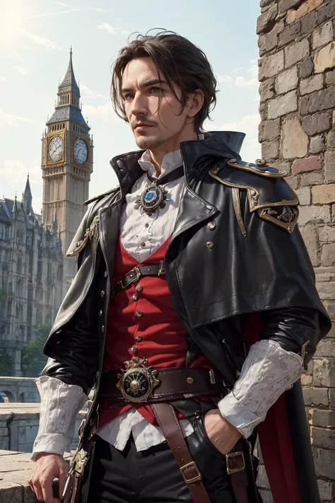 (masterpiece, top quality, best, official art, beautiful and aesthetic, long exposure:1.2), visual chaos,
(1man, wrinkled face, old german male:1.2), hazel eyes, gray drop fade,
looking up, solo, upper body, detailed background, determined expression, assassins creed, initiate assassin, hidden wrist-blade, black elaborate leather assassin clothes, capelet, leather pouches, small knives, straps, rebel, dynamic pose, victorian setting, London, british, castle walls in background, sunshine,