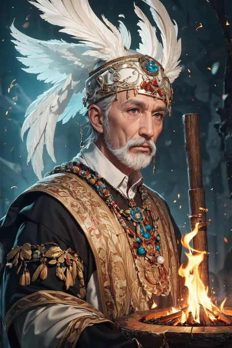 (masterpiece, top quality, best, official art, beautiful and aesthetic, long exposure:1.2), visual chaos,
(1man, old ukrainian male:1.2), wise, teal eyes, white long mustache,
solo, upper body, detailed background, detailed face, (aztec theme:1.1), tribal elemental shaman, mystical, white feathered clothes, beads, totem, campfire in background, ritual, storm, cinematic atmosphere,