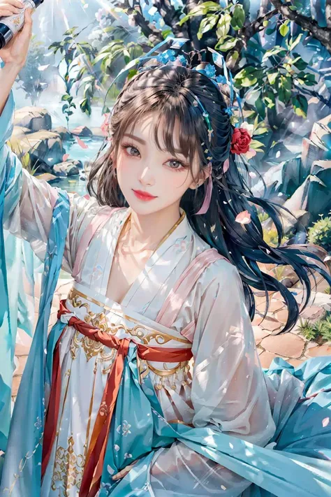 <(best quality, extremery best quality, masterpiece:1.4), (realistic, intricate details:1.4), (photorealistic:1.4), (extremely intricate:1.4), highres, ultra highres, ultra-detailed, absurdres, incredibly absurdres, extremely detailed, high quality, high resolution, hyperrealistic, ultra-realistic, hyper-detailed, top quality, best, fine detail, massive detail, Highly detailed, extreme detailed, highest detailed, high-res, absolutely resolution, reflection, (refraction:1.4), (hyperrealism:1.4)>, BREAK, 1girl, solo, looking at viewer, (young cute beautiful 18-year-old girl:1.4), 3d face, (hand of Guido Daniele:1.4), beautiful girl, Beautiful face, pretty, girlface, kpop idol, supermodel, stunning innocent symmetry face, perfect body, medium breast, slim waist, slim legs, (high detailed skin:1.5), glowing eyes, goddess, natural skin texture, shiny skin, White skin, Beautiful detailed face, detailed face, real skin texture, cute delicate face, finely detailed face, golden ratio, golden ratio face, expressive eyes, perfect face, perfect skin, flawless face, clear face, shiny hair, pale skin, Proper body proportion, perfect anatomy, realistic skin texture, luscious lips, glossy lips, natural makeup, beautiful bright pupils, slender figure, intricate eyes, detailed pupils, detailed face and eyes, longeyelashes, blush, good hand, perfect hands, pretty face, beautiful female bodies, finely detailed skin, oily shiny skin, clean facial features, an extremely delicate and beautiful, cute & girly, beautiful detailed eyes, stars in the eyes, detailed simmetric eyes, perfect smooth skin texture, BREAK, (((((standing, (hanfu, tang style, tang style outfits, pink upper shan, pink chest pleated skirt, red with pink waistband, red pibo:1.4), (smile, Pink hair, Pink eye, long hair, Pink eyelashes, Pink lips, Pink lip colour, Eyes glowing Pink, flat bangs, pink fluffy bunny:1.5), (night, Night time, moon light, sky, landscape, aurora borealis, stars, outdoors, Chinese, Pink fireworks, Sakura tree background:1.4), (lake background, mountains, full moon background, night lake shore, river, forest, chinese style countryard, lanterns, pond, cobblestone pathway, building pavilion, chinese buildings, moutains, misty lake, ancient chinese background, puddle, after the rain, petals falling, wet grass and trees, flower sea, in a meadow, waterfall, breeze, flying splashes, flying petals, leaves, bloom, bloom effect, surrounded by heavy floating petal flow, petal, Pink butterfly, flower, detailed beautiful grassland with petal, flowers, plants, Pink rose, many Pink roses, leaves falling from the tree, dust is drifting, ethereal, scenery, nature, mysterious background:1.4), (iridescent colors, Iridescence, blush, mysterious, fantasy background, fantasy, open mouth:1.2), (fog, wind:1.2), (Luminescent Particles:1.3), (fullbody:1.2), (eye focus, face focus, character focus, close-up face:1.2), (dutch angle, cowboy shot:1.3), colorful refraction)))), BREAK, <watercolor, available light, detailed light, volumetric fog, beautiful lighting, Rembrandt lighting, Cinematic, pixel art, game art, key visual, surreal, PBR Texturing, Anisotropic Filtering, Maximum Clarity And Sharpness, Albedo And Specular Maps, Multi-Layered Textures, Surface Shading, Sub-Pixel Convolution, Sub-Pixel Convolution, Accurate Simulation Of Light-Material Interaction, blurry foreground, broad light, volumetric light effect, matte painting, perfectly defined features, volumetric lighting, Tone Mapping, Lumen Reflections, Global illumination, Ray Tracing, Screen Space Global Illumination, Accent Lighting, 32k, Natural Lighting, volumetric, cinematic masterpiece, Rule of thirds, high dynamic range, Multi-exposure HDR capture, cinematic render, game cg cinematic, atmospheric perspective, scene, epic dynamic frame, motion blur, ((cinematic look, Film look)), rim light, 4k textures, adobe lightroom, photolab, insane details, hyperdetailed, exposure blend, professional color grading, professional color correction, aerial perspective, particles and dust in beams of light, cinematic scene, dynamic lighting, sharp details, lomography, soft focus, light leaks, bold hues, atmospheric depth, (explosive light and shadow:1.2), aesthetics, intricate designs, ultra realistic digital art, (zentangle, mandala, tangle, entangle), (fractal art), elegant, vivid colours, floating particles, particles, dramatic, epic, (ink drawing, oil painting detailed), (dramatic lighting:1.2), RAW, huge filesize, extremery detailed CG, Photo, 8k uhd, cinematic atmosphere, trending on artstation, award-winning glamour photograph, highly detailed photo, official art, beautiful and aesthetic, unity 8k wallpaper, beautiful, highly detailed CG illustration, best illustration, intricate, Amazing, emotional, analog, painting, digital painting, concept art, Oil Painting, illustration, Classical art, Renaissance, Romanticism, Neoclassicism, Color Palette, depth and contrast, Vibrant colors, saturated, rich saturation, color harmony, vivid palette, concept-art, design style, detail character, concept render, colorful, analog photography, dreamy atmosphere, specular highlights, atmospheric lighting, (dynamic angle, dynamic pose :1.3), (shiny, clothes reflecting light, lens flare, bloom effect, light particle, lens glare:1.3), realistic lighting, cinematic light, (cinematic lighting), light in the face, soft lighting, saturated colors, detailed background, sharp focus, 8k high definition, perspective, Master Composition, roughness, post-processing, soft shadows, realistic shadows, ambient occlusion, ray-tracing, subsurface scattering, photon mapping, physically-based rendering, octane rendering, unreal engine 5, ue5 rendering, Adobe After FX, dslr, RTX, Best character details, radiosity, sharp, antialiased, RAW photo, HDR, 8k, 4k, (((Photographed by Roger Deakins, using a RED Monstro 8K VV camera and a series of high-end lenses))), ((Hasselblad photography)), (film grain:1.4), Kodak portra 400, ((Fujifilm X-T5)), professional photograph, depth of field, caustics, Broad lighting, diffuse lighting, rim lighting, two tone lighting, textile details, visible pores, high resolution scan, professionally color graded, photographic reality, automatic white balance, best lighting, detailed shadow, high contrast, strong light and shadow>, (PureErosFace_V1:0.5), (ulzzang-6500:1), <lora:epiNoiseoffset_v3:0.05>, <lora:add_detail:0.1>, <lora:hanfuTang_v35:0.8>, <lora:zhongfenghuaxiyou-000018:0.05>, zhongfenghua