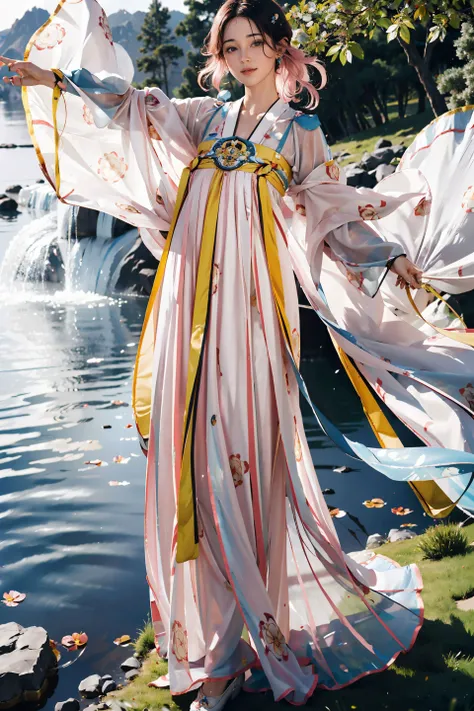 <(best quality, extremery best quality, masterpiece:1.5), (realistic, intricate details:1.2), (photorealistic:1.4), (extremely intricate:1.2), highres, ultra highres, ultra-detailed, absurdres, incredibly absurdres, extremely detailed, high quality, high resolution, hyperrealistic, ultra-realistic, hyper-detailed, top quality, best, fine detail, massive detail, Highly detailed, extreme detailed, highest detailed, high-res, absolutely resolution, reflection, (refraction:1.4)>, BREAK, 1girl, solo, looking at viewer, flat bangs, (young cute beautiful 18-year-old girl:1.1), 3d face, beautiful girl, Beautiful face, pretty, girlface, kpop idol, supermodel, stunning innocent symmetry face, (hand of Guido Daniele), perfect body, medium breast, slim waist, slim legs, (high detailed skin:1.2), glowing eyes, goddess, natural skin texture, shiny skin, White skin, Beautiful detailed face, detailed face, real skin texture, cute delicate face, finely detailed face, golden ratio, golden ratio face, expressive eyes, perfect face, perfect skin, flawless face, clear face, shiny hair, pale skin, Proper body proportion, perfect anatomy, realistic skin texture, luscious lips, glossy lips, natural makeup, beautiful bright pupils, slender figure, intricate eyes, detailed pupils, detailed face and eyes, longeyelashes, blush, good hand, perfect hands, pretty face, beautiful female bodies, finely detailed skin, oily shiny skin, BREAK, (((((golden hour, Sakura tree background, petals falling, dawn light, cobblestone pathway, building pavilion, chinese buildings, moutains, misty lake, ancient chinese background, puddle, after the rain, wet grass and trees, (sky overcast with a rainbow), (sunlight reflection), flower sea, in a meadow, (waterfall:1.2), ((breeze)), flying splashes, flying petals, leaves, nature, river, (forest), (bloom), bloom effect, detailed beautiful grassland with petal, flower, butterfly, petal, (((surrounded by heavy floating petal flow))), flowers, (black hair:1.3), (hanfu), (chinese clothes), ((floral print)), ((green/blue/yellow/pink/white/blackmagnificent print long sleeves)), ((pink/white/black/green/blue/yellow print see-through dress)), red lips, (chinese style countryard), (pond), (fullbody:1.3), (Luminescent Particles:1.4), (glow:1.1), beautiful sunset, wind, fog, (Pink hair:1.3), outdoors, (wavy hair), (long hair), (ahoge), (violet eyes), (golden accessories), (iridescent colors), watercolor, available light, detailed light, smile, volumetric fog, beautiful lighting, colorful refraction, Rembrandt lighting, Cinematic, pixel art, game art, key visual, surreal, PBR Texturing, Anisotropic Filtering, Maximum Clarity And Sharpness, Albedo And Specular Maps, Multi-Layered Textures, Surface Shading, Sub-Pixel Convolution, Sub-Pixel Convolution, Accurate Simulation Of Light-Material Interaction)))), BREAK, <blurry foreground, broad light, volumetric light effect, matte painting, perfectly defined features, volumetric lighting, Tone Mapping, Lumen Reflections, Global illumination, Ray Tracing, Screen Space Global Illumination, Accent Lighting, 32k, Natural Lighting, volumetric, cinematic masterpiece, Rule of thirds, high dynamic range, Multi-exposure HDR capture, cinematic render, game cg cinematic, atmospheric perspective, scene, epic dynamic frame, motion blur, ((cinematic look, Film look)), rim light, 4k textures, adobe lightroom, photolab, insane details, hyperdetailed, exposure blend, professional color grading, professional color correction, aerial perspective, particles and dust in beams of light, cinematic scene, dynamic lighting, sharp details, lomography, soft focus, light leaks, bold hues, atmospheric depth, (explosive light and shadow:1.2), aesthetics, intricate designs, ultra realistic digital art, (zentangle, mandala, tangle, entangle), (fractal art), elegant, vivid colours, floating particles, particles, dramatic, epic, (ink drawing, oil painting detailed), (dramatic lighting:1.2), (eye focus, face focus, character focus, close-up face:1.3), (dutch angle, cowboy shot:1.1), RAW, huge filesize, extremery detailed CG, Photo, 8k uhd, cinematic atmosphere, trending on artstation, award-winning glamour photograph, highly detailed photo, official art, beautiful and aesthetic, unity 8k wallpaper, beautiful, highly detailed CG illustration, best illustration, intricate, Amazing, emotional, analog, painting, digital painting, concept art, Oil Painting, illustration, Classical art, Renaissance, Romanticism, Neoclassicism, Color Palette, depth and contrast, Vibrant colors, saturated, rich saturation, color harmony, vivid palette, concept-art, design style, detail character, concept render, colorful, analog photography, dreamy atmosphere, specular highlights, atmospheric lighting, (dynamic angle, dynamic pose :1.3), (shiny, clothes reflecting light, lens flare, bloom effect, light particle, lens glare:1.3), realistic lighting, cinematic light, (cinematic lighting), light in the face, soft lighting, saturated colors, detailed background, sharp focus, 8k high definition, perspective, Master Composition, roughness, post-processing, soft shadows, realistic shadows, ambient occlusion, ray-tracing, subsurface scattering, photon mapping, physically-based rendering, octane rendering, unreal engine 5, ue5 rendering, Adobe After FX, dslr, RTX, Best character details, radiosity, sharp, antialiased, RAW photo, HDR, 8k, 4k, (((Photographed by Roger Deakins, using a RED Monstro 8K VV camera and a series of high-end lenses))), ((Hasselblad photography)), (film grain:1.4), Kodak portra 400, ((Fujifilm X-T5)), professional photograph, depth of field, caustics, Broad lighting, diffuse lighting, rim lighting, two tone lighting, textile details, visible pores, high resolution scan, professionally color graded, photographic reality, automatic white balance, best lighting, detailed shadow, high contrast, strong light and shadow>, (PureErosFace_V1:0.5), (ulzzang-6500:0.5), <lora:epiNoiseoffset_v3:0.15>, (kbxll:0.6), <lora:FilmVelvia2:0.15>, <lora:tang_hanfu:0.7>,